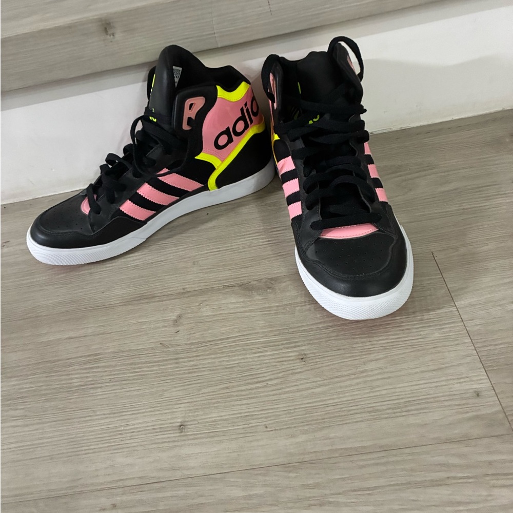 Adidas Extaball Neon Black and Pink Neon High TopSneakers with Yellow Highlights